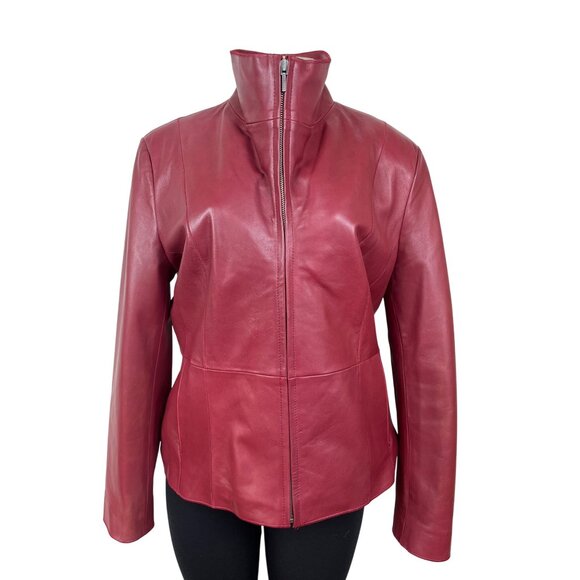 Bernardo Womens Red Leather Jacket With Zip Front & Stand-Up Collar Sz L - Picture 1 of 10